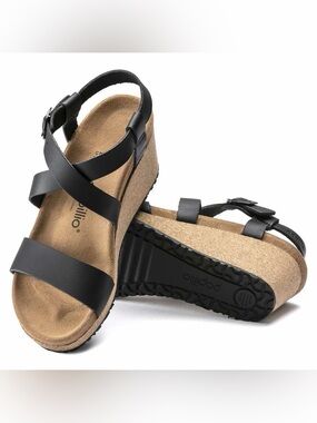 Birkenstock Papillio Black Leather Wedges